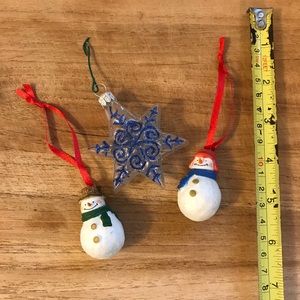 Trio of Christmas ornaments - two snowmen and a glass snowflake